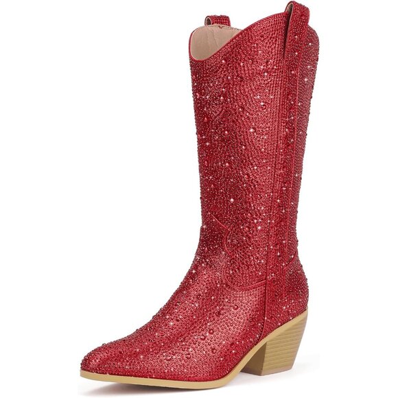 ⚡Women Red Rhinestone Manmade Material Mid Calf Sparkle Cowgirl Pointed Toe Boot